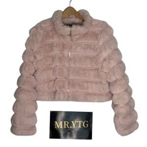 NWOT - Faux Fur Puffer Bomber Coat Jacket - Women's L - Baby Pink